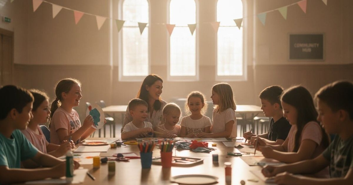 A warm, sunlit community hall interior with smiling UK children and teenagers engaged in a craft activity at a table.
