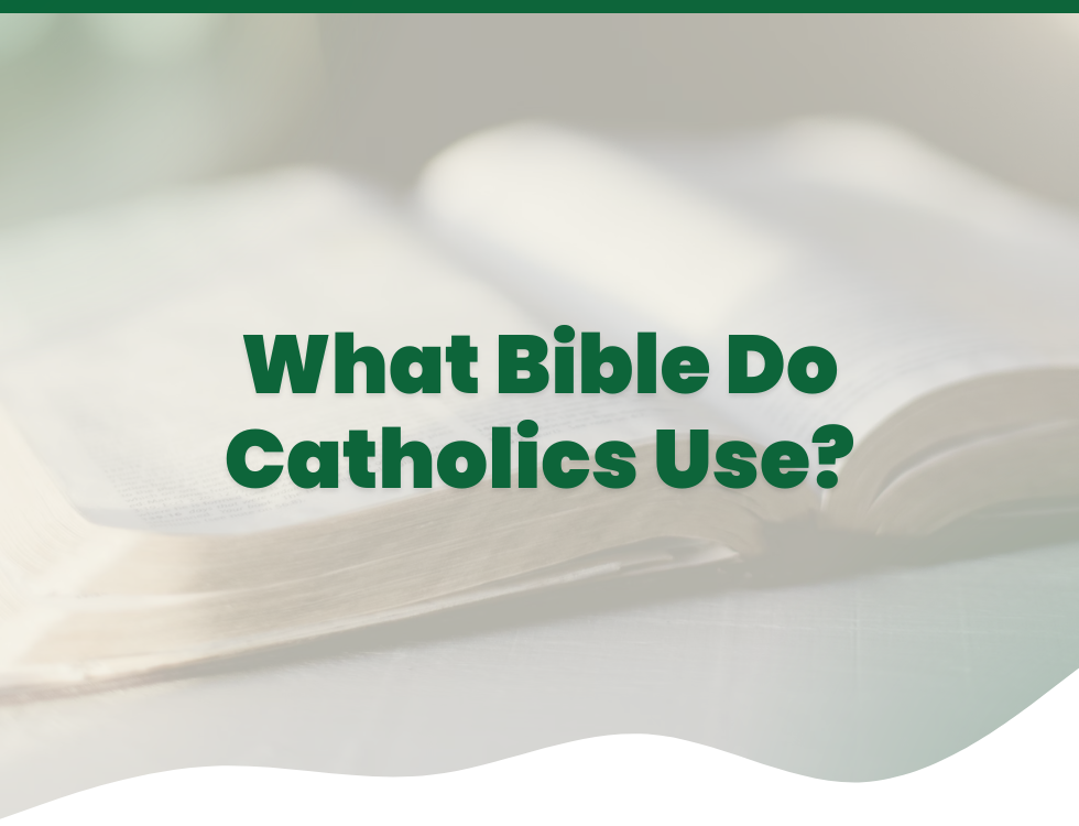 A blog post guide of an open bible symbolizing resources for Catholic faith and study, text reads what Bible do Catholics use?