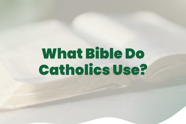 A blog post guide of an open bible symbolizing resources for Catholic faith and study, text reads what Bible do Catholics use?