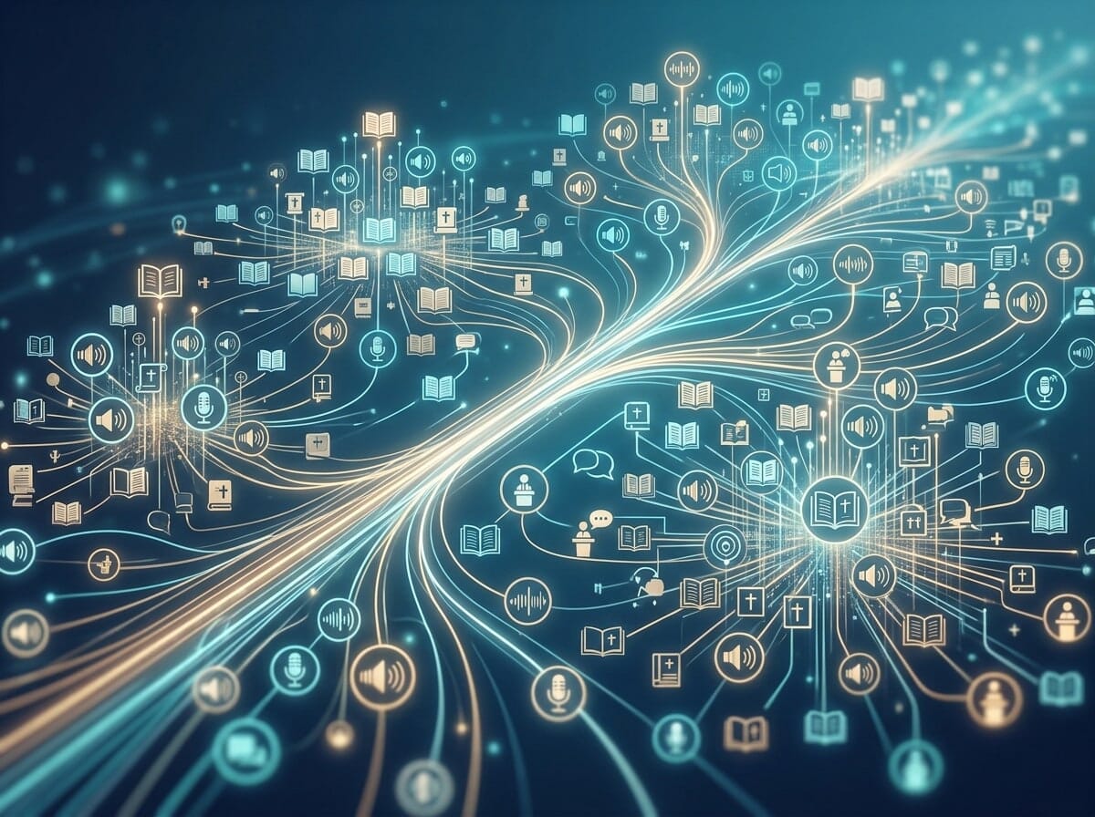A professional editorial graphic illustrating a vast digital library, with glowing data lines connecting countless icons for talks, podcasts, and articles.