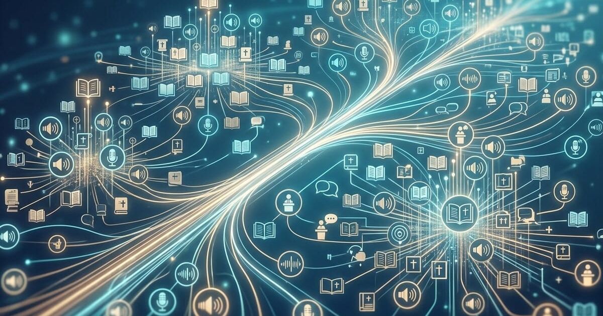 A professional editorial graphic illustrating a vast digital library, with glowing data lines connecting countless icons for talks, podcasts, and articles.