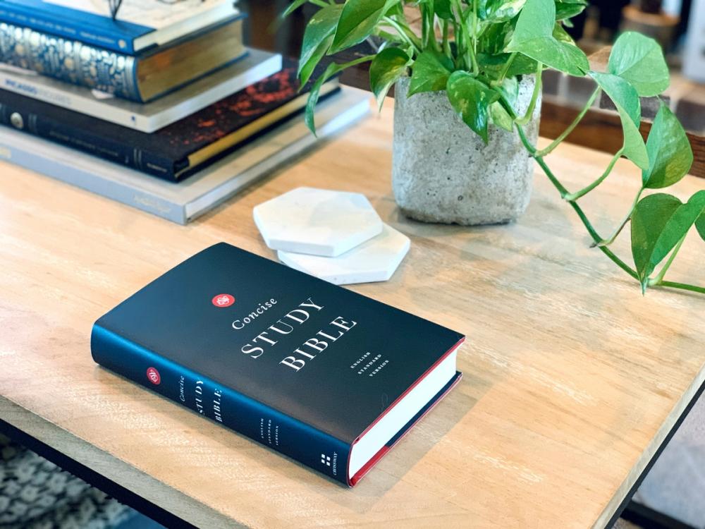 A study bible on a desk