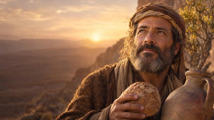 An Elijah-inspired traveller holds bread and a water vessel, looking towards dawn with renewed hope.
