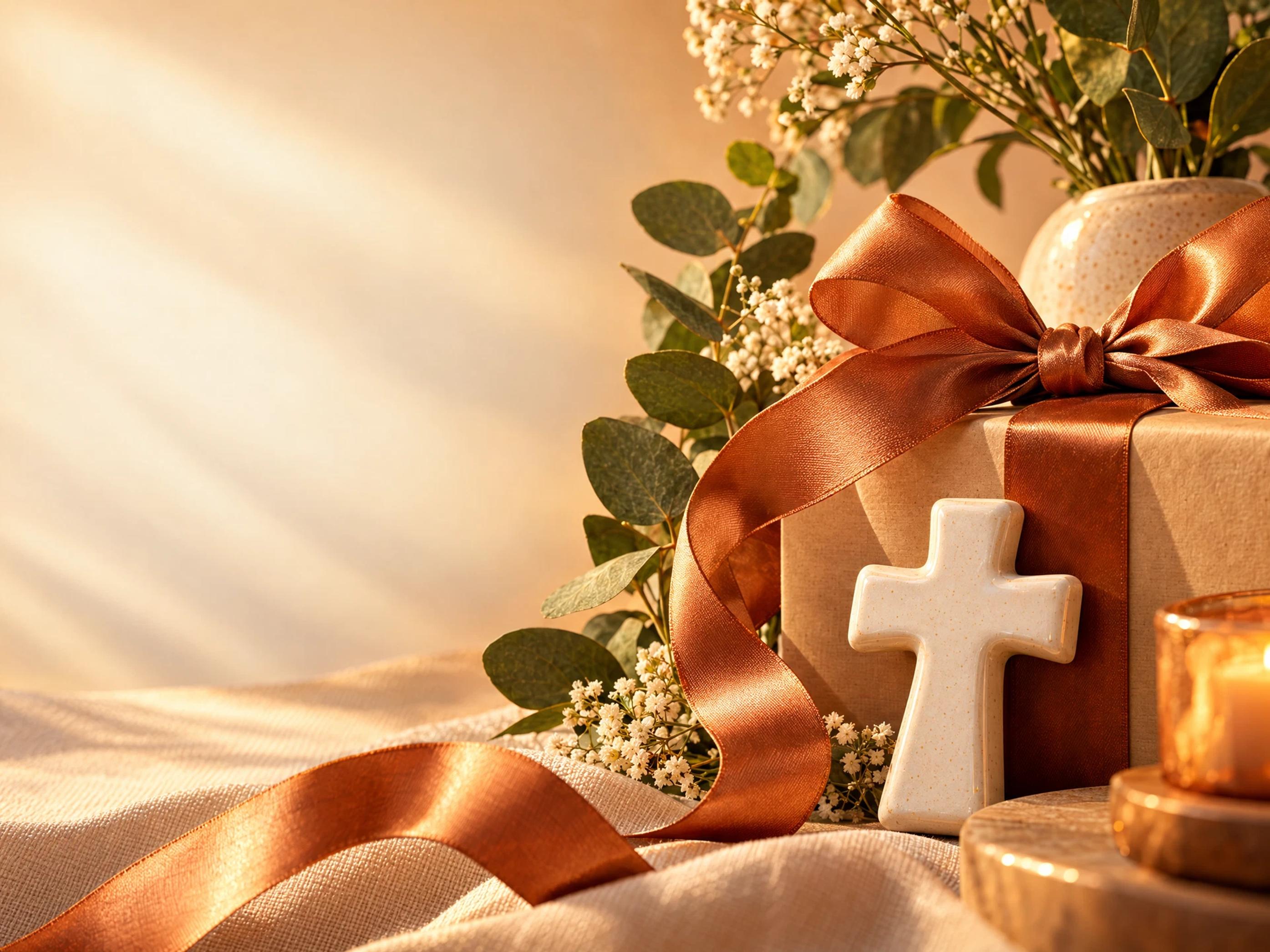 A ribbon-wrapped gift, ceramic cross, flowers and candle in warm golden light.