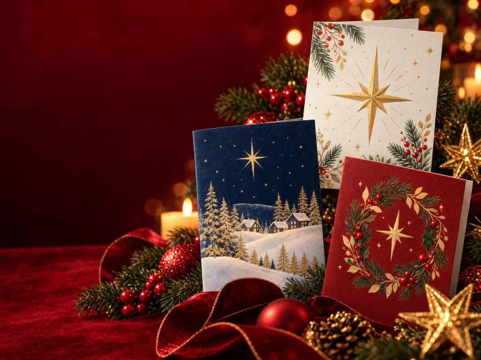 Illustrative Christmas cards with gold stars, evergreen branches and red festive ribbons.