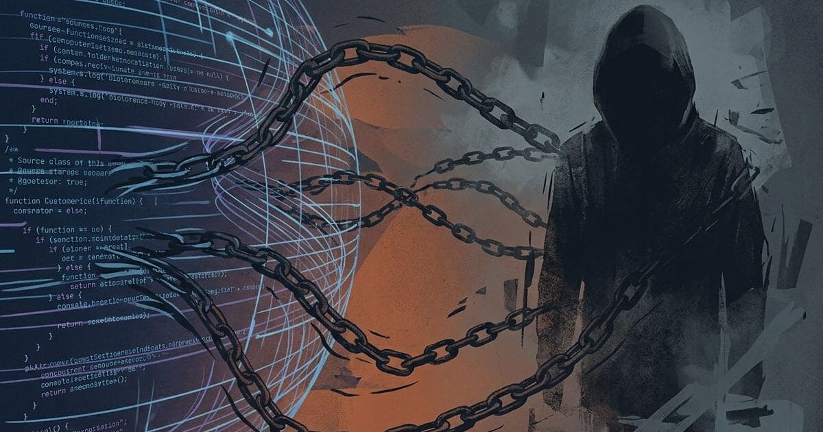 An illustration depicting a symbolic representation of online control and offline harm. On one side, abstract digital lines and code represent the online platform. These lines morph and twist into cha