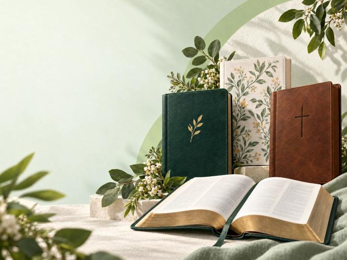 A selection of Bibles with leafy details against a soft green background.