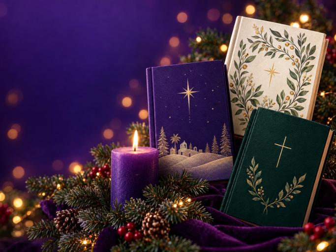 Illustrative Advent books, a purple candle and evergreen branches with warm festive lights.