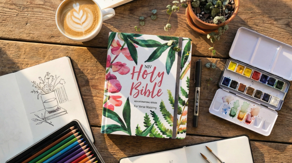 A journaling Bible on a desk surrounded by some are supplies