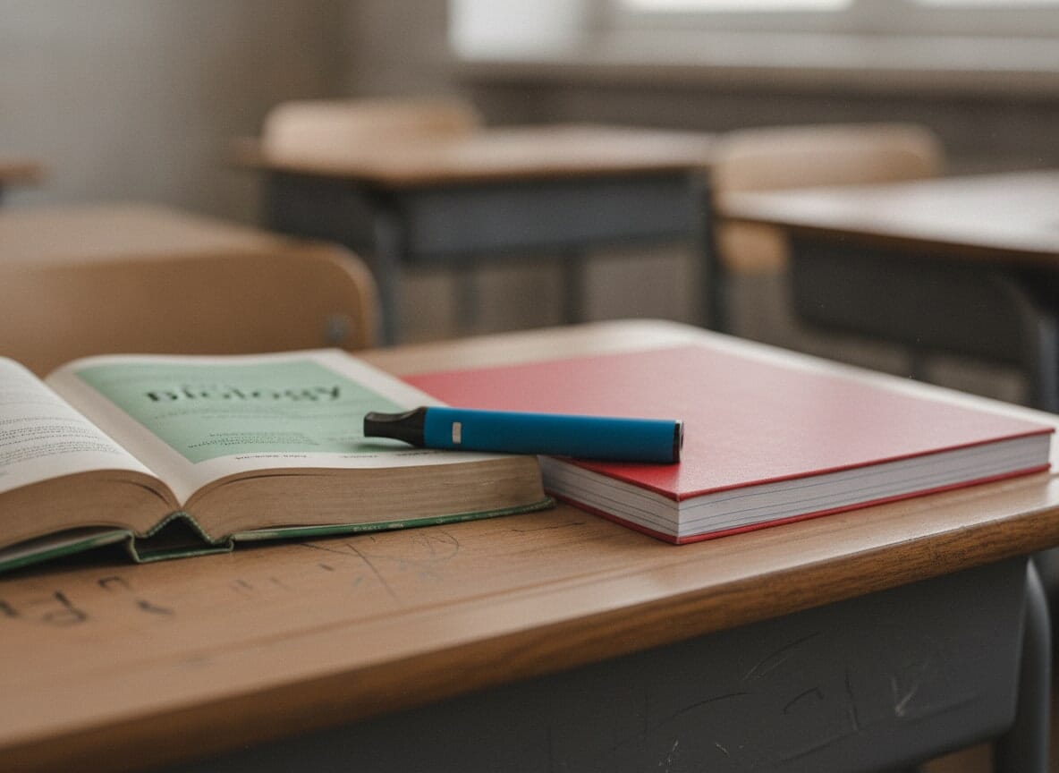 A disposable vape lies on a school desk, partially hidden by textbooks.