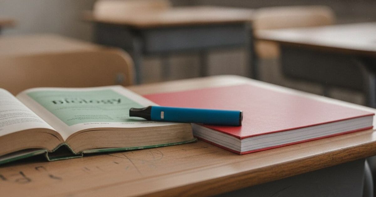 A disposable vape lies on a school desk, partially hidden by textbooks.
