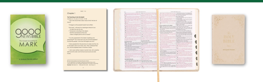 A side-by-side comparison. On the left, show a close-up of a traditional, double-column KJV Bible with small print. On the right, show a close-up of a single-column, dyslexia-friendly GNB edition. This will instantly and powerfully demonstrate the benefit.