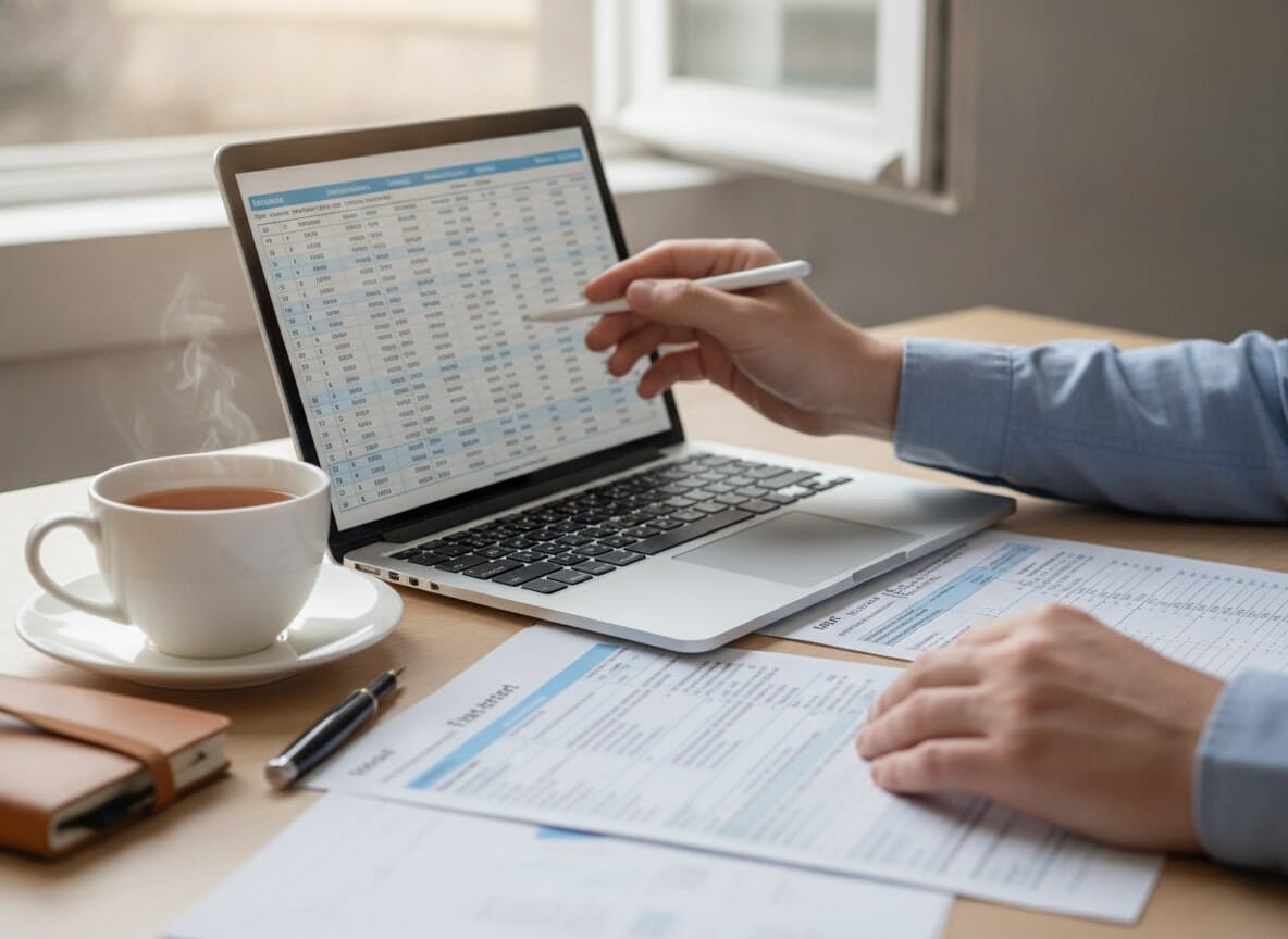 A person's hands are shown reviewing financial documents and a laptop, with a cup of tea nearby, in a soft, naturally lit editorial image.