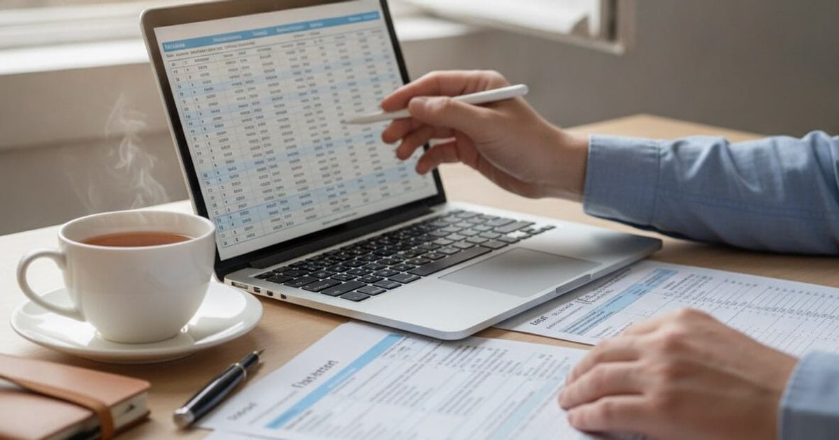 A person's hands are shown reviewing financial documents and a laptop, with a cup of tea nearby, in a soft, naturally lit editorial image.