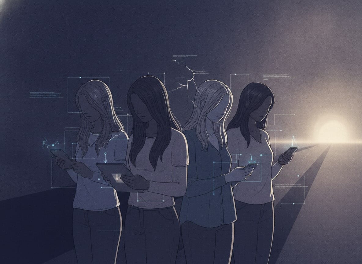 A tasteful editorial illustration depicts a diverse group of young women in a shadowy, abstract space, with subtle cues of digital connection and vulnerability, and a faint light source suggesting hope.
