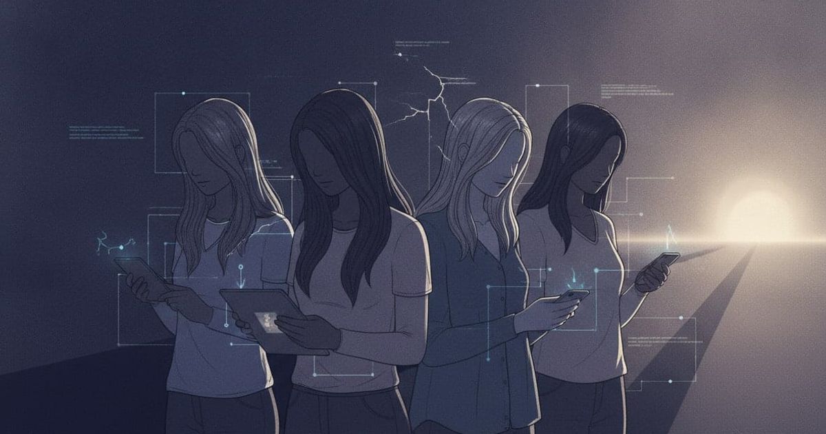 A tasteful editorial illustration depicts a diverse group of young women in a shadowy, abstract space, with subtle cues of digital connection and vulnerability, and a faint light source suggesting hope.