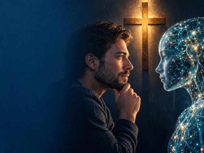A thoughtful adult faces a translucent neural-circuit human profile, with a wooden cross behind them.