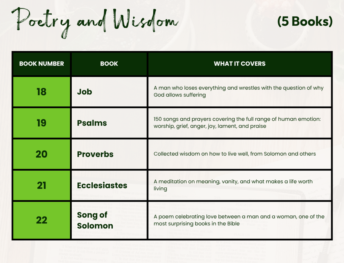 Table showing the five books of Poetry and Wisdom in order: 18 Job, 19 Psalms, 20 Proverbs, 21 Ecclesiastes, 22 Song of Solomon — with a brief description of what each book covers.