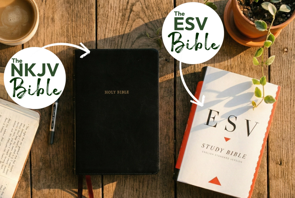 The ESV and the NKJV Bibles side-by-side on a wooden desk
