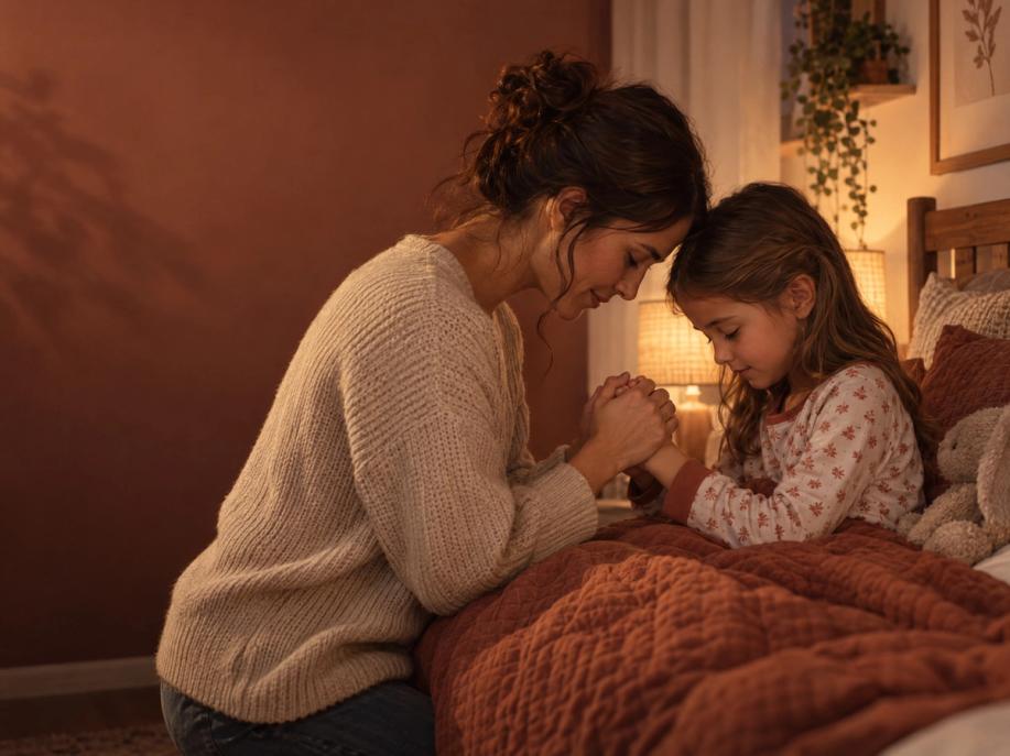 A parent and child hold hands and pray together beside the child's bed.