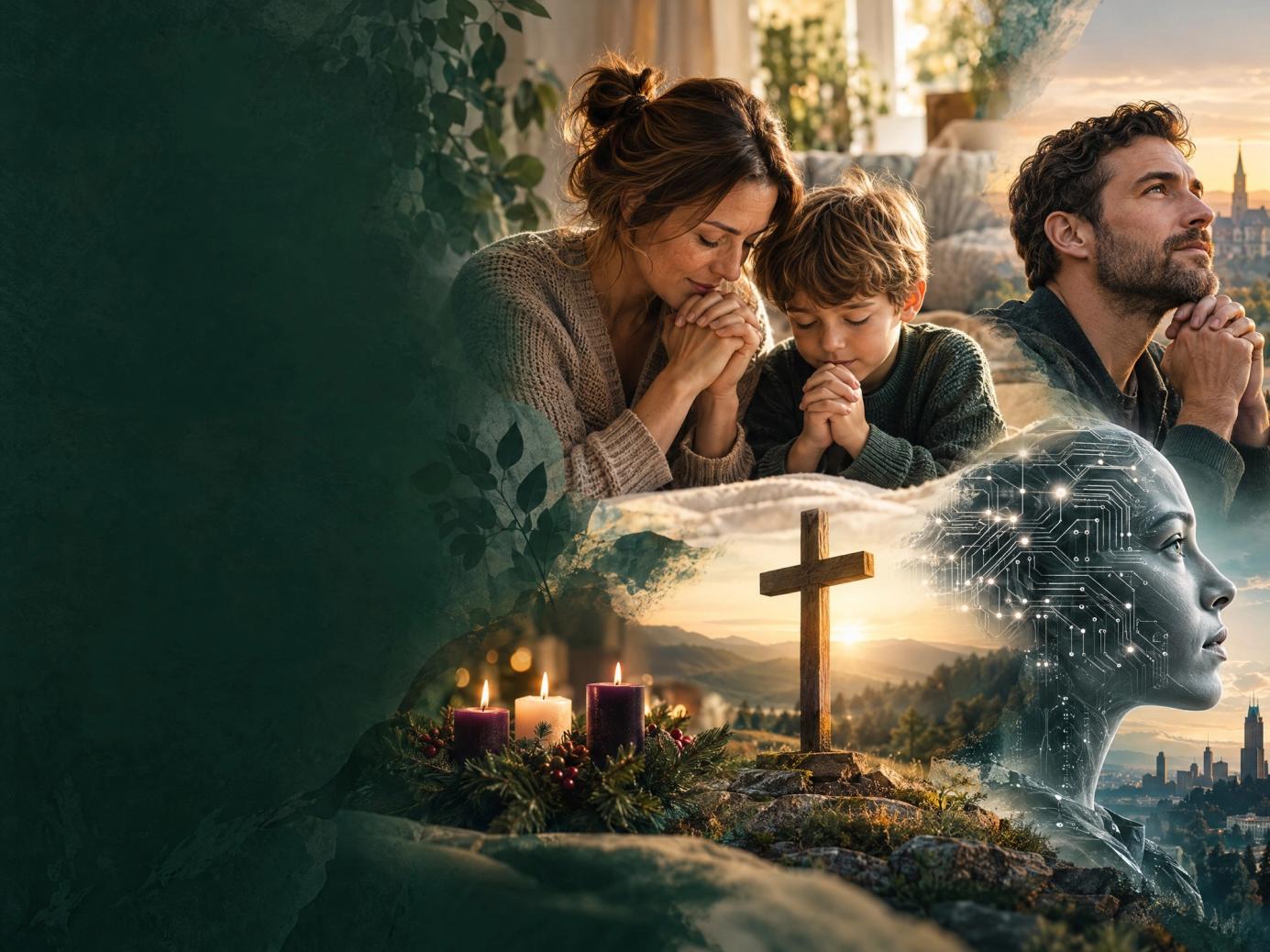 An editorial collage of family prayer, personal prayer, a Christian cross, Advent candles and an artificial-intelligence profile.