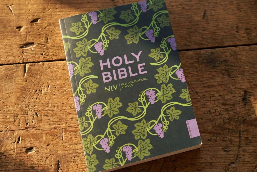 A paperback NIV on a desk this morning