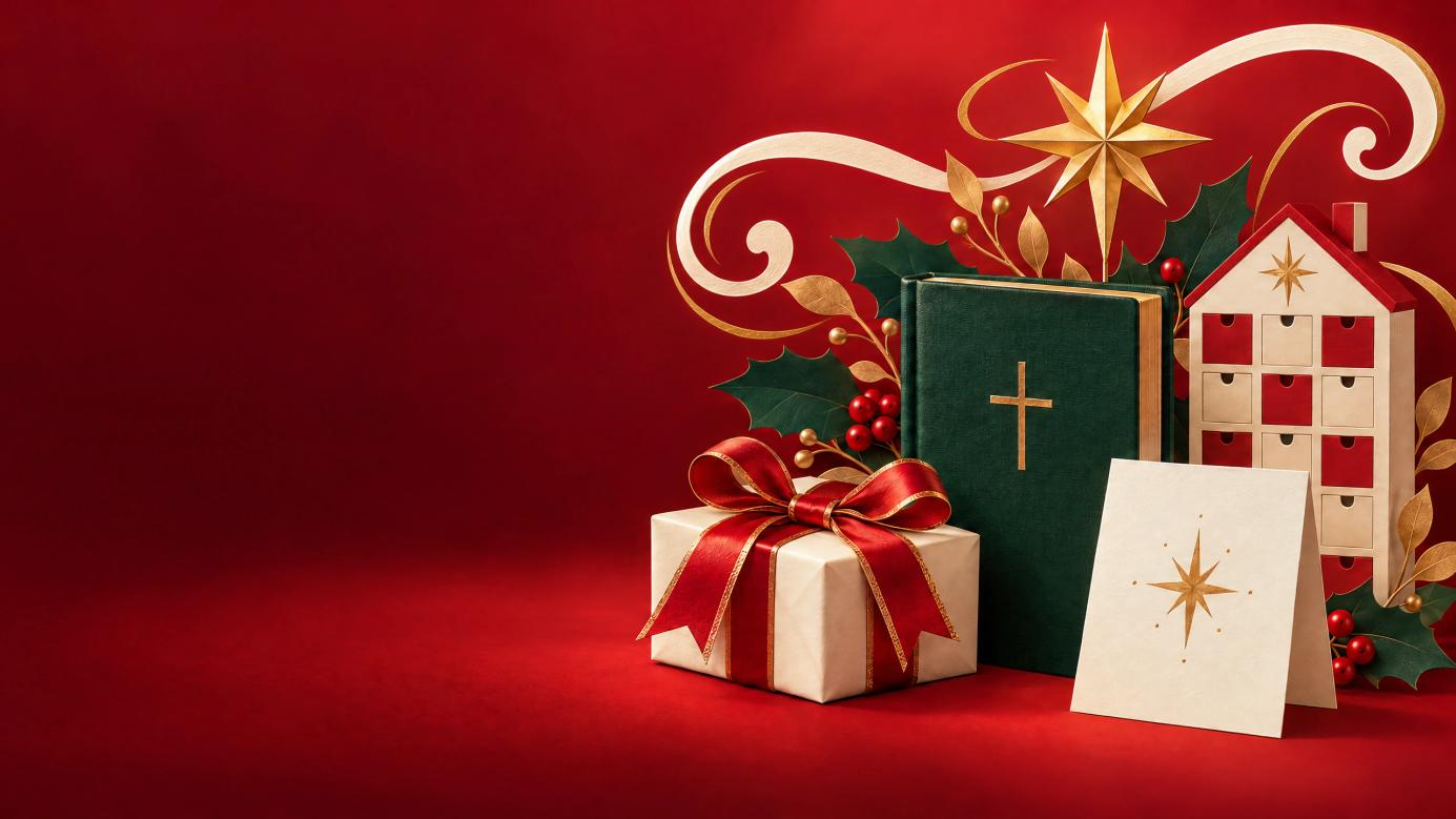 Illustrative Christmas gift, green book with a gold cross, gold-star card and Advent calendar, with holly and ivory-and-gold swirls on red.