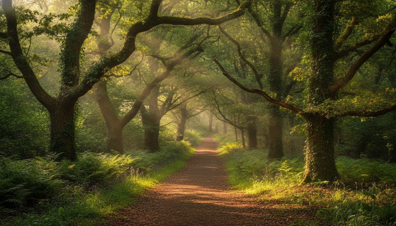 A sun-dappled forest path winds gently upwards through ancient trees.