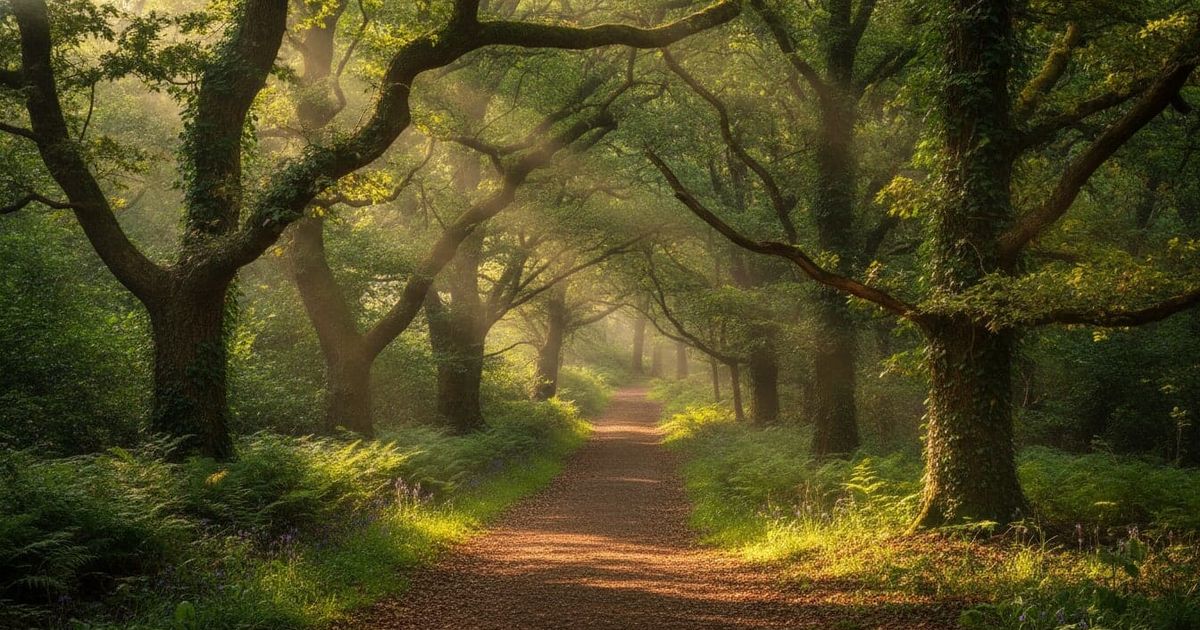 A sun-dappled forest path winds gently upwards through ancient trees.