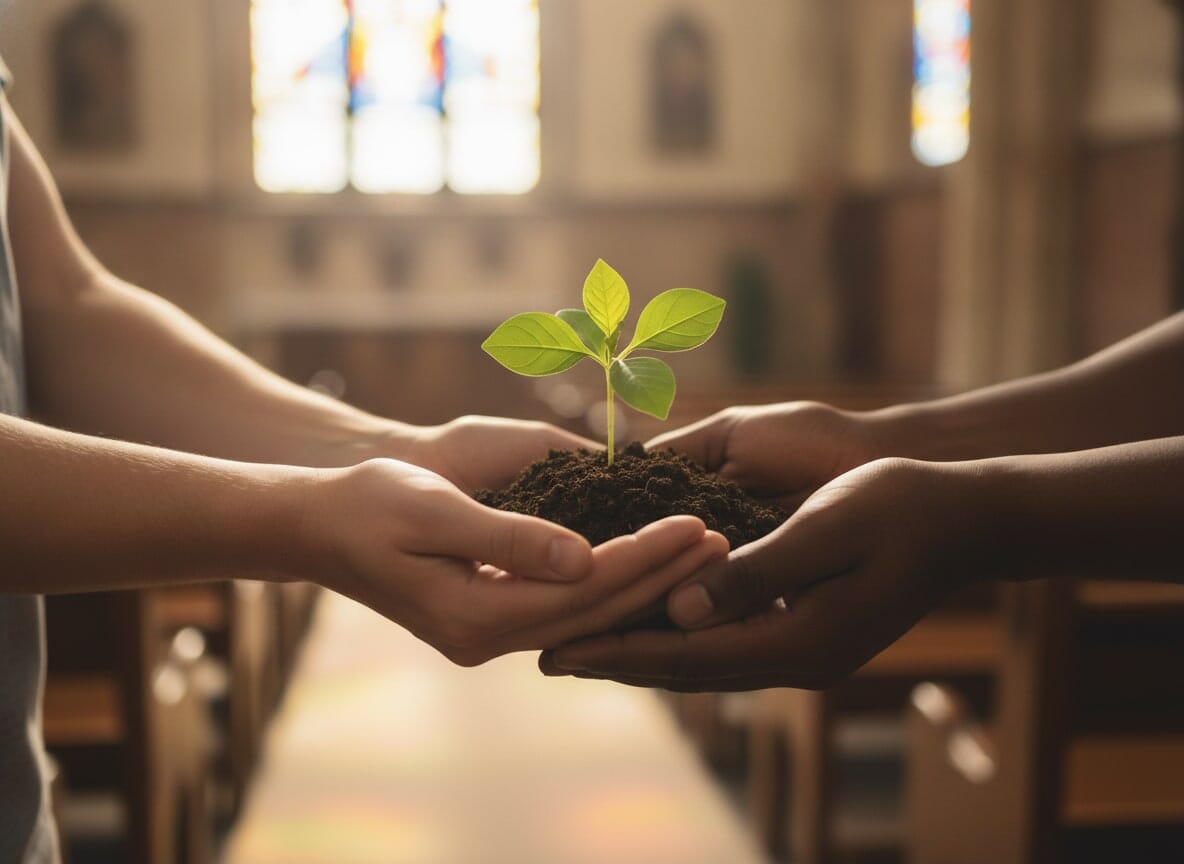 A close-up shot of hands of different skin tones reaching out to hold a single, vibrant green seedling, symbolizing new growth and unity within a church context. Soft, natural lighting, shallow depth 