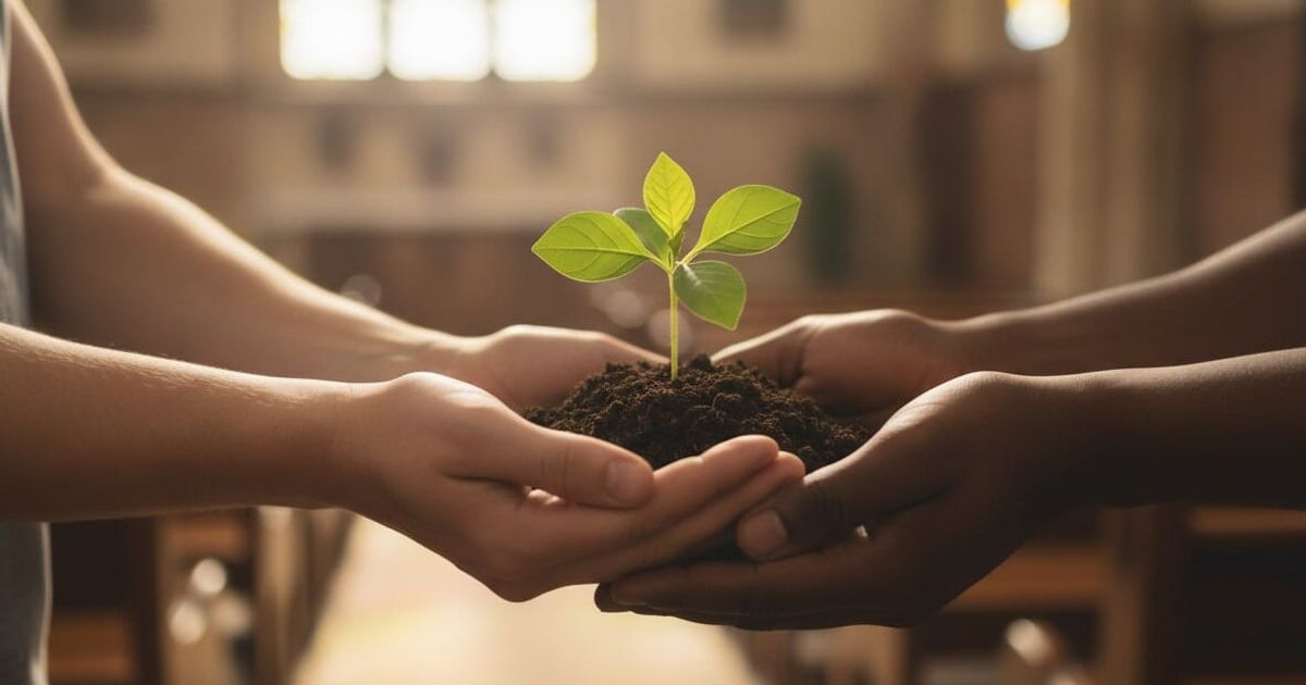 A close-up shot of hands of different skin tones reaching out to hold a single, vibrant green seedling, symbolizing new growth and unity within a church context. Soft, natural lighting, shallow depth