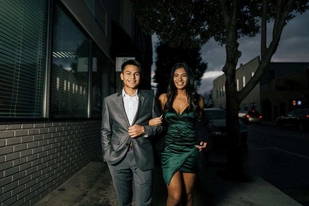 Couple walking in formal wear