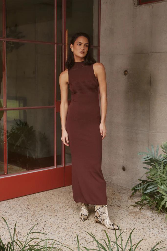 Girl in brown maxi dress