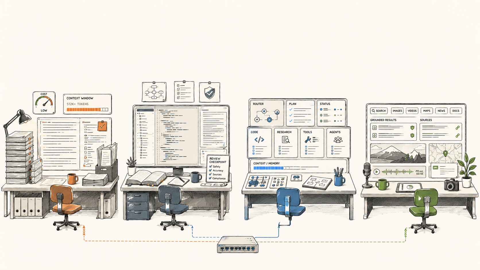 Four AI model workstations representing Kimi, Claude, GPT, and Gemini, compared by cost, deep work, default agent use, and Google-native workflows.