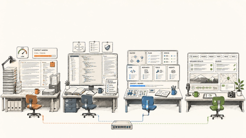 Four AI model workstations representing Kimi, Claude, GPT, and Gemini, compared by cost, deep work, default agent use, and Google-native workflows.