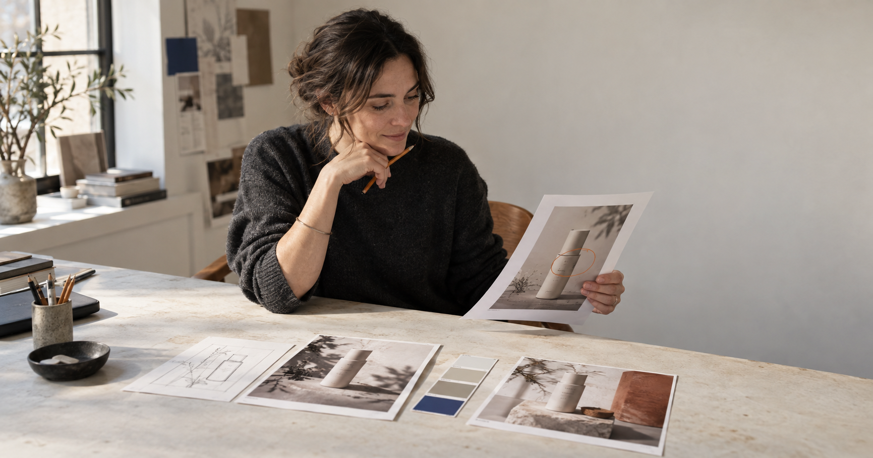 A creative lead revises a product image using a sketch and annotation, while an old oversized prompt sheet drifts aside.