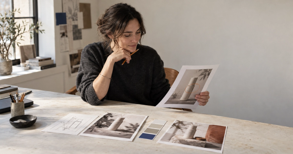 A creative lead revises a product image using a sketch and annotation, while an old oversized prompt sheet drifts aside.