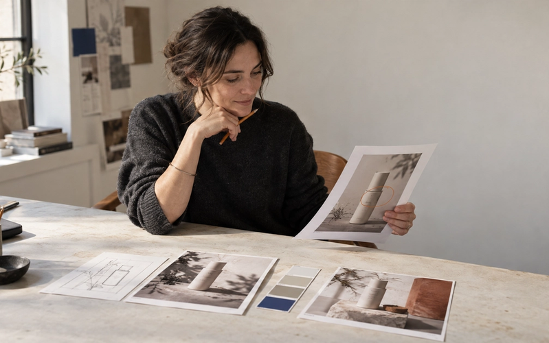 A creative lead revises a product image using a sketch and annotation, while an old oversized prompt sheet drifts aside.