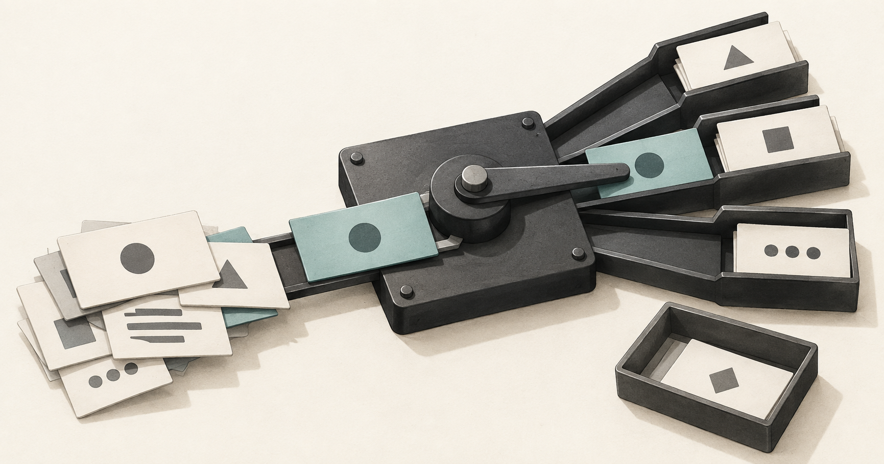 A mechanical AI routing switch sorts incoming message cards into defined decision tracks, with unresolved cases placed in a separate review tray.