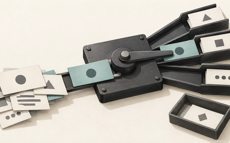 A mechanical AI routing switch sorts incoming message cards into defined decision tracks, with unresolved cases placed in a separate review tray.