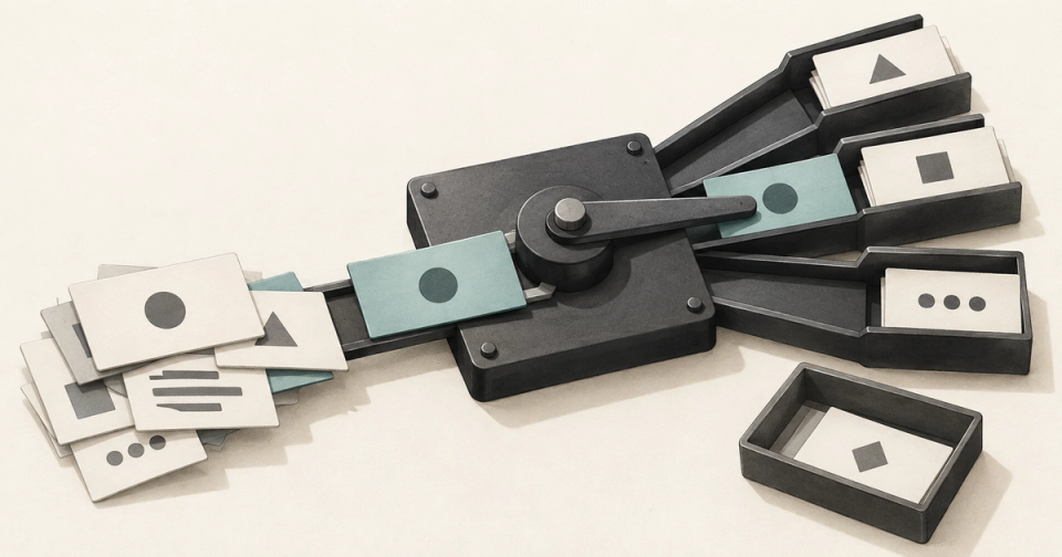 A mechanical AI routing switch sorts incoming message cards into defined decision tracks, with unresolved cases placed in a separate review tray.