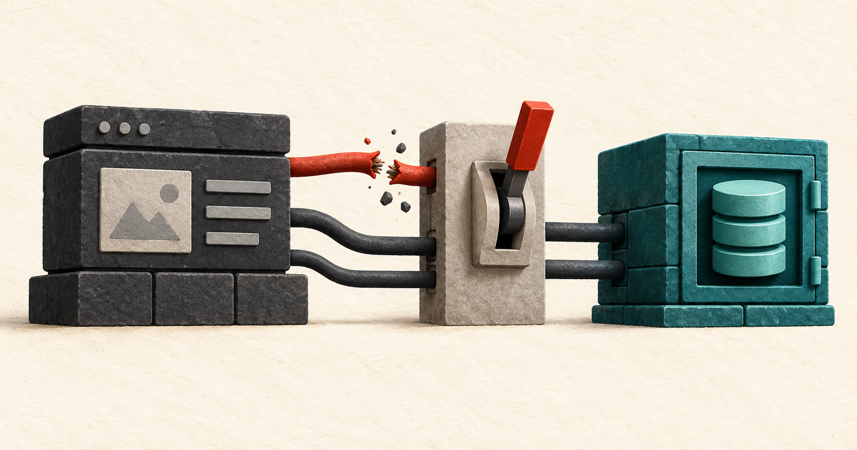 A charcoal web application, a broken red connection, and an isolation switch beside a teal data vault.