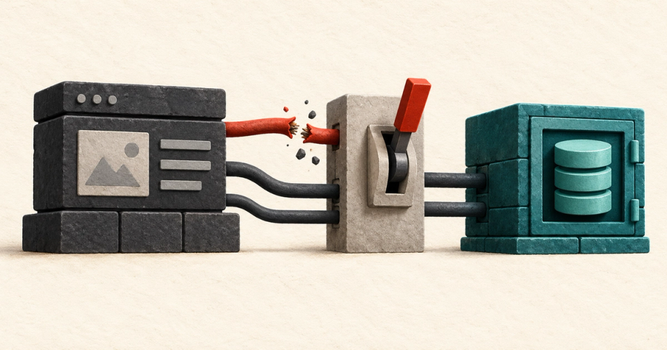 A charcoal web application, a broken red connection, and an isolation switch beside a teal data vault.