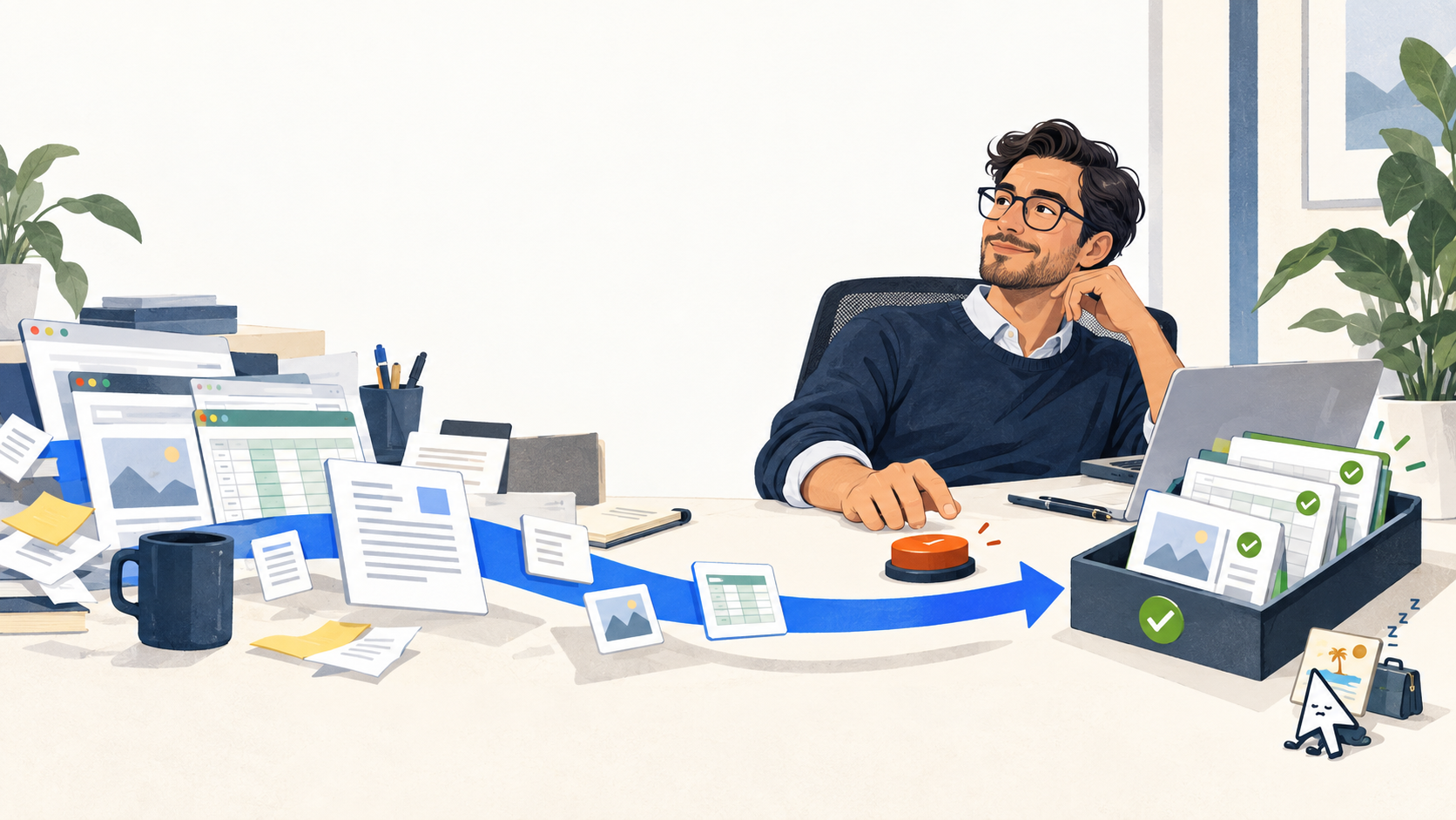 A knowledge worker reviews an AI-prepared tray of browser, spreadsheet, and document tasks before approving the next action.