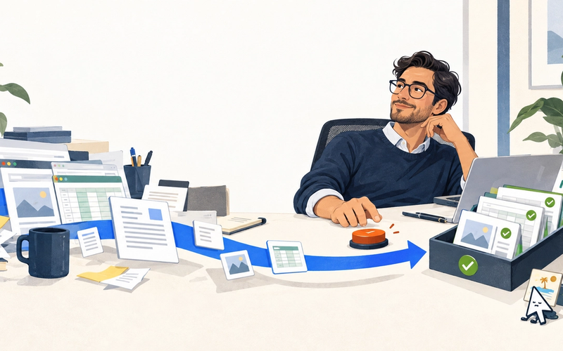 A knowledge worker reviews an AI-prepared tray of browser, spreadsheet, and document tasks before approving the next action.