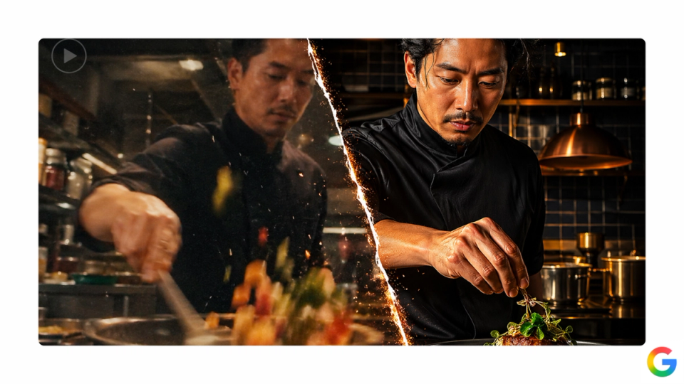 Split-screen comparison of a chef cooking, showing AI-generated video output from Google Veo 3 with the Google logo in the corner.