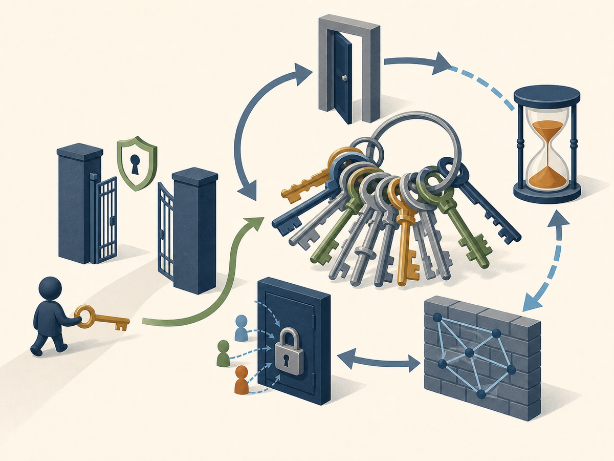 An AI agent carries a narrow key while an oversized keyring is blocked by scope, rate, egress, and delegation controls.