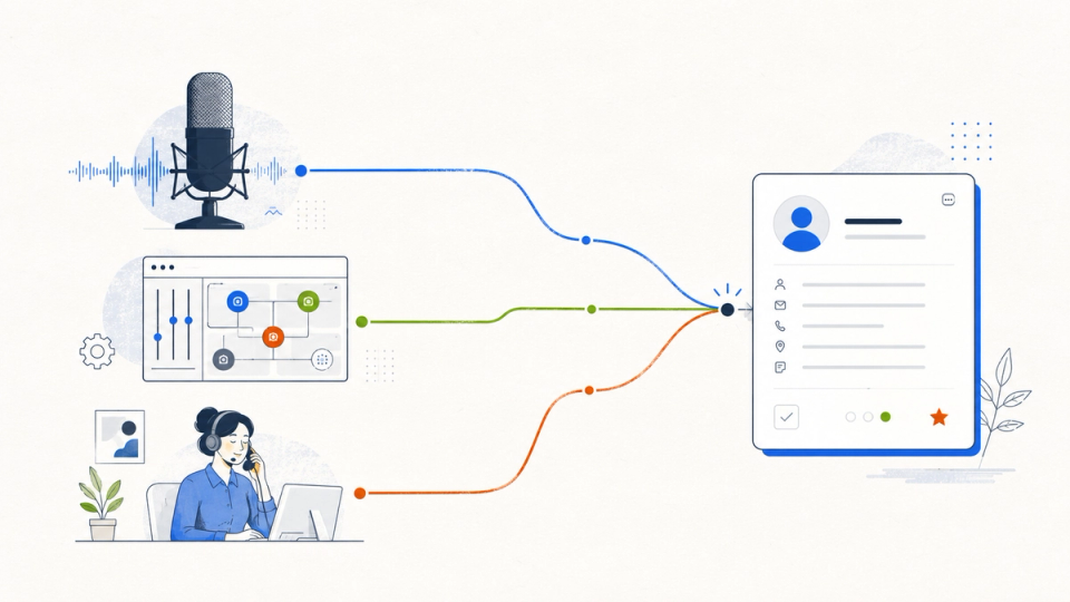 Three distinct voice-AI paths converging on a structured CRM lead record.