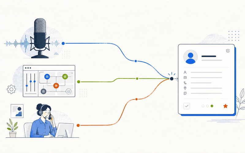 Three distinct voice-AI paths converging on a structured CRM lead record.