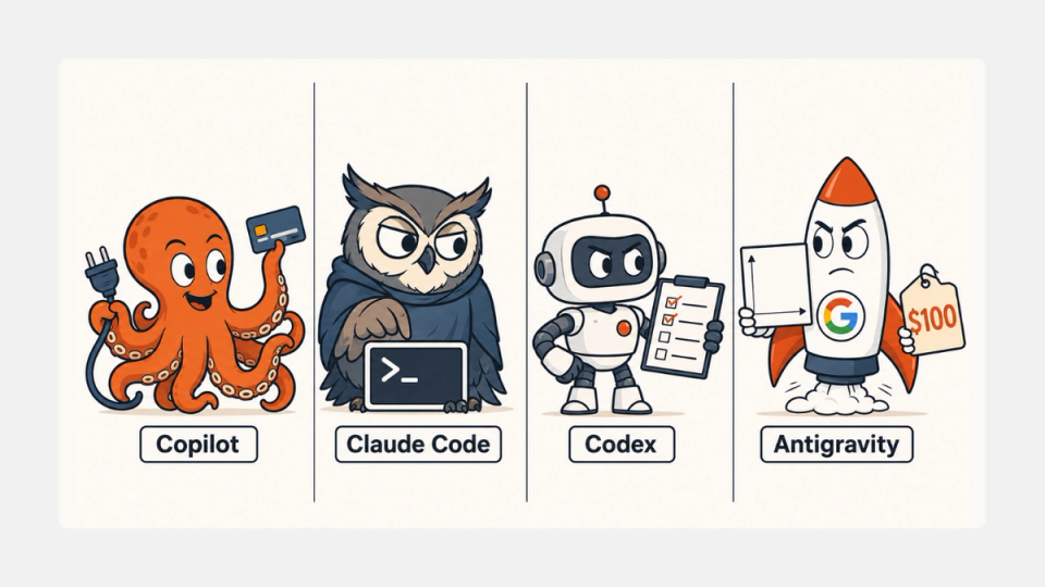 Split-screen cartoon of GitHub Copilot, Claude Code, Codex, and Antigravity as competing desktop agents.